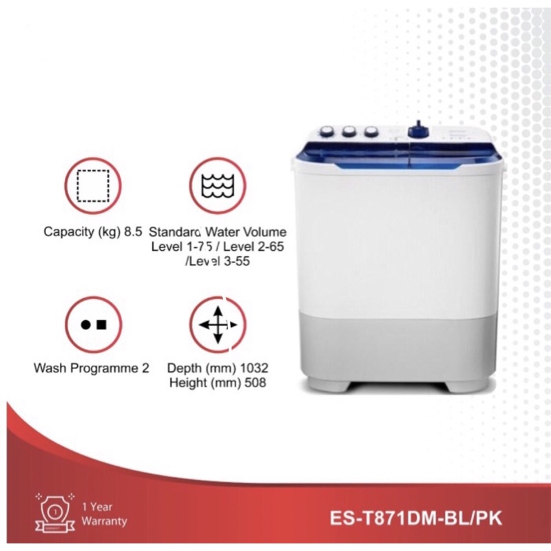 Mesin Cuci 2 Tabung 8,5KG Sharp ES-T871DM-BL