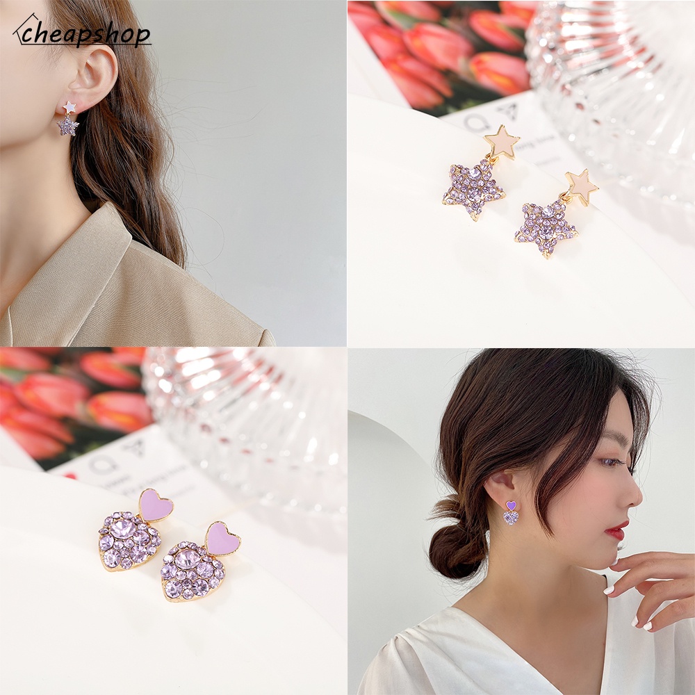 IFYOU Fashion Purple Crystal Earrings Sweet Girls Star Heart Stud Earrings Women Jewelry Accessories