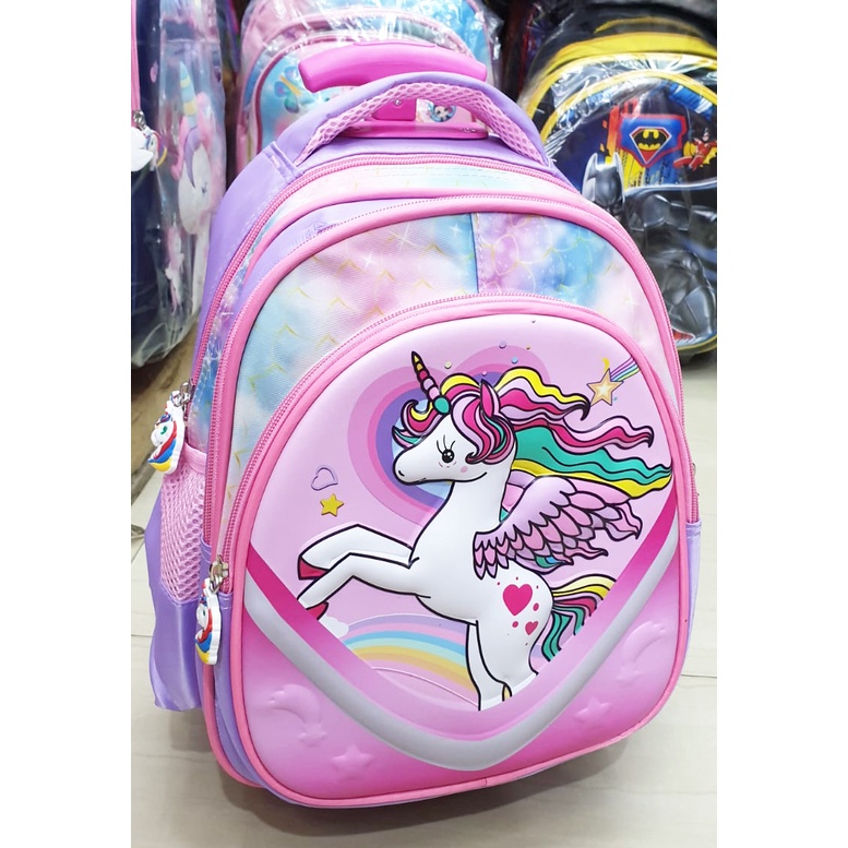 Tas DORONG Trolley Anak Sekolah TK / Play Group / PAUD GAMBAR KUDA PONY dan PUTRI SALJU Luwi Garis V 12inch TIMBUL GLOSSY/ EMBOS 3 RESLETING IMPORT ( Kumbang 12&quot; )