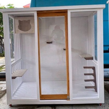 kandang kucing kayu custom pintu sliding kaca geser rumah hewan