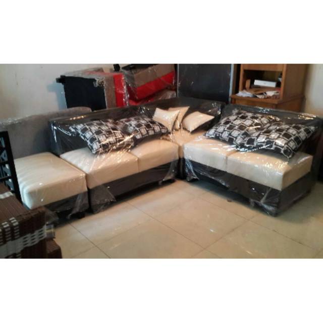 Sofa tamu minimalis model L kain semi kulit Veritas