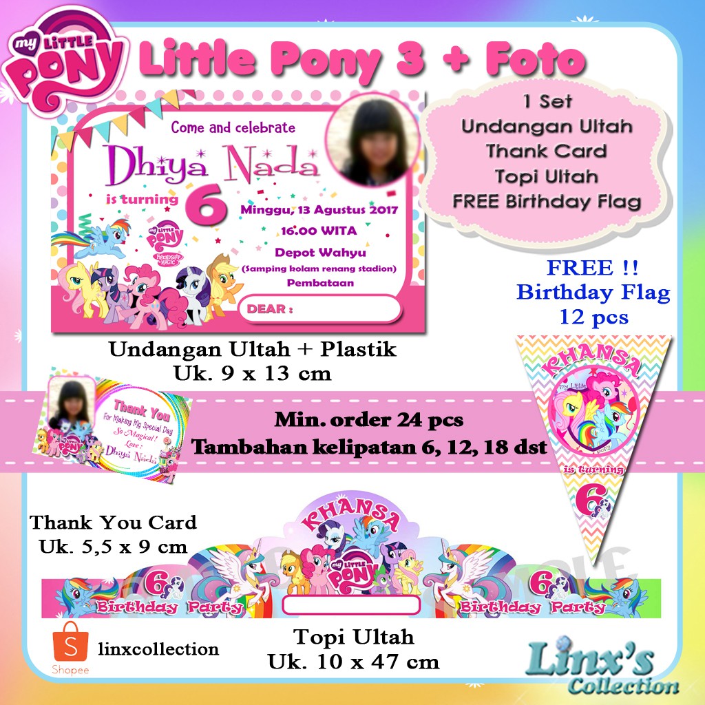 1 Set Undangan Ultah Anak Kartu Souvenir Topi Ulang Tahun My Little Pony