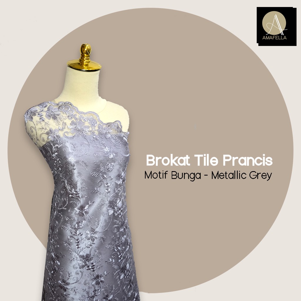 1/2 meter Kain Brokat Tile Prancis Bahan Kebaya Motif Bunga Grey
