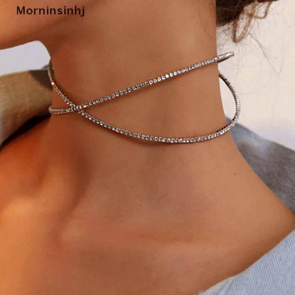 Mornin Kalung Choker Terbuka Adjustable Gaya Punk Motif Geometri Aksen Kristal Untuk Perhiasan Wanita