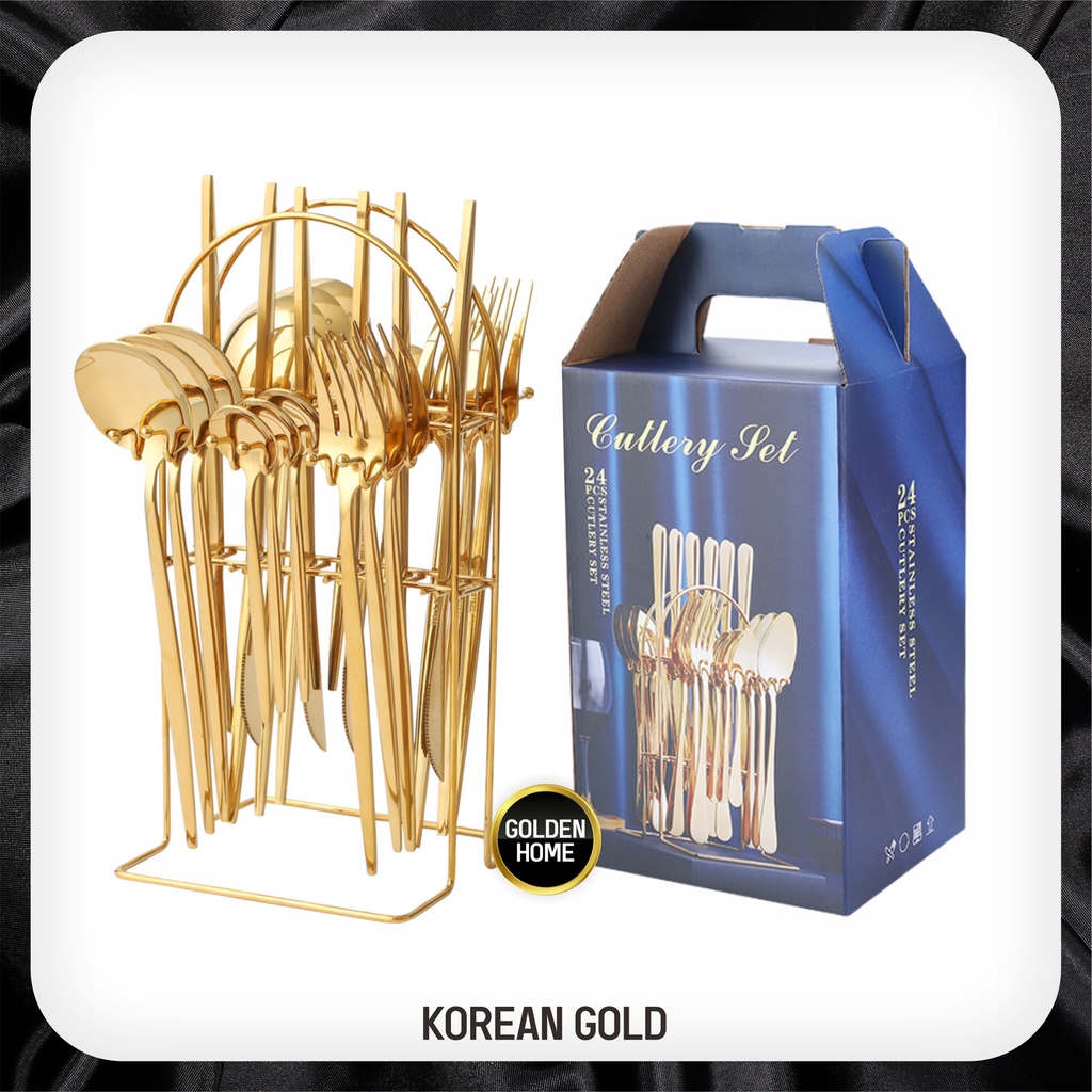24 Pcs Sendok Souvenir Garpu Makan Korea Travel Cutlery Set﻿ Korea Stainless Dengan Gantungan Rack
