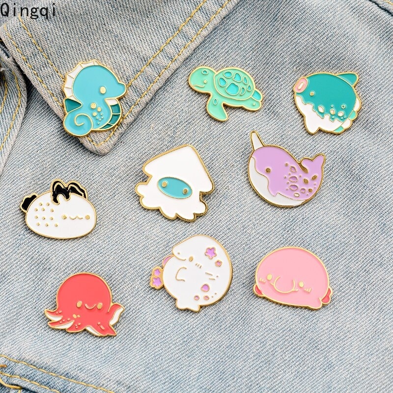 Bros Pin Enamel Bentuk Kartun Hewan Laut Kuda Nil Gurita Whale Turtle Untuk Hadiah Anak