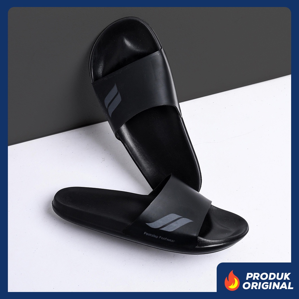 RETRO 0.1 ORIGINAL x FOOTSTEP Sandal Casual Hitam Pria Sendal Slide Jalan Santai Harian Flip Flop Hangout Kerja Formal Slop Karet Distro Slip On Simple Remaja Dewasa Premium Strap Sport Slippers Footwear Big Size Jumbo Ukuran Besar 44 Keren Kekinian