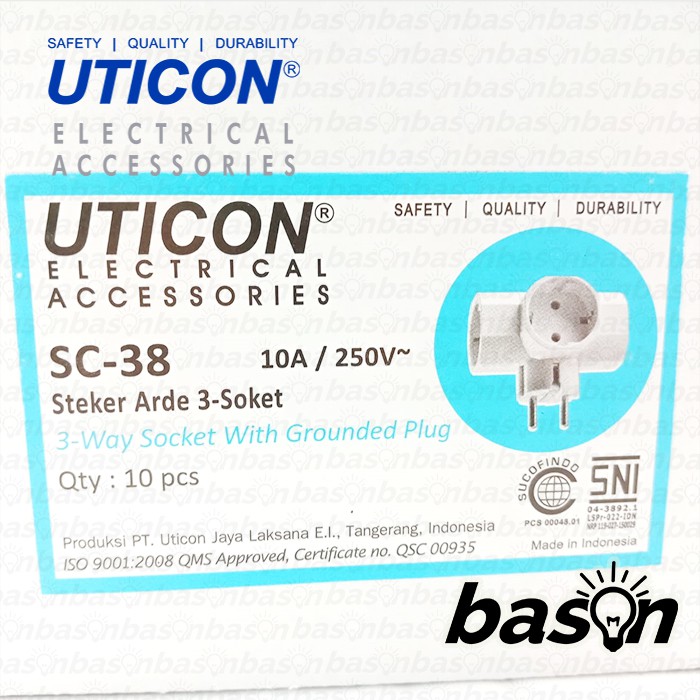 UTICON SC38 Steker T 3 Lubang Arde - 3 Way Socket