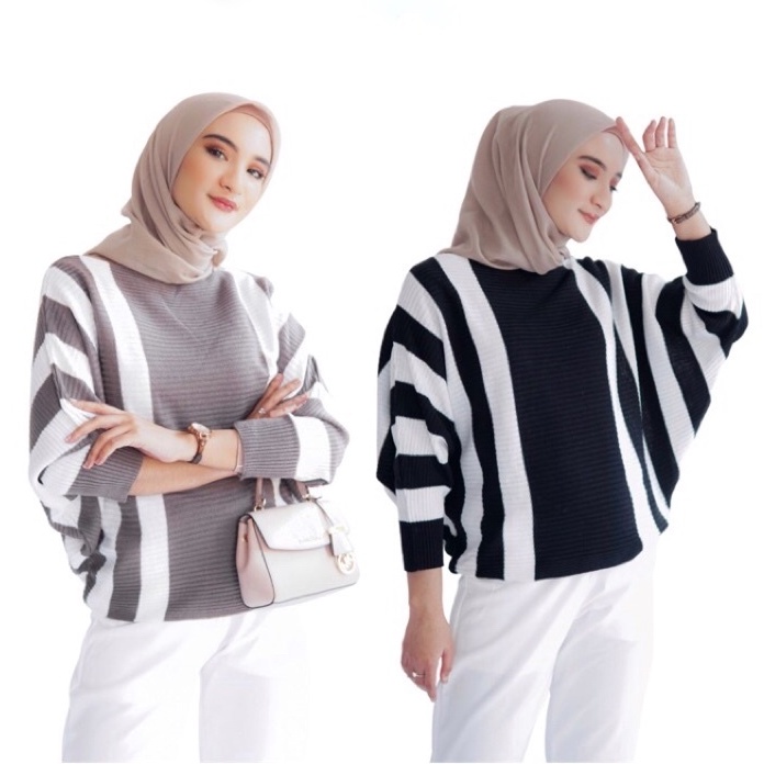 BLOUSE BATWING RAJUT ZEBRA STRIPE SALUR KOMBINASI POLET - SWEATER BLOUSE ATASAN WANITA OVERSIZE JUMB