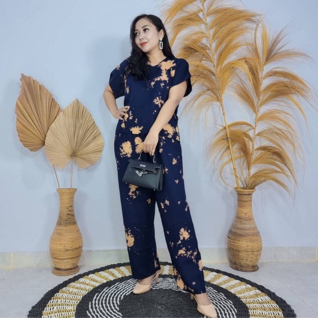 Daster Babydoll Panjang Bali-SET PAN TIE DIE NAVY