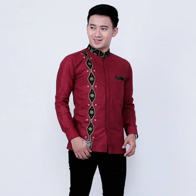 BAJU KOKO KOMBINASI BATIK RANTE PANJANG MARON