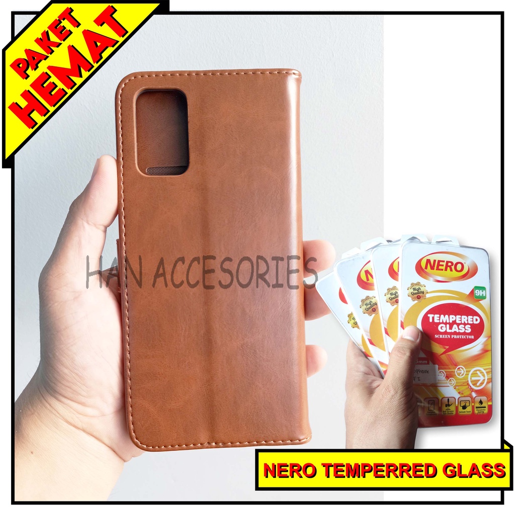 (PAKET HEMAT) Fashion Selular Flip Leather Case OPPO A31/A52/A72/A92 Flip Cover Wallet Case Flip Case + Nero Temperred Glass