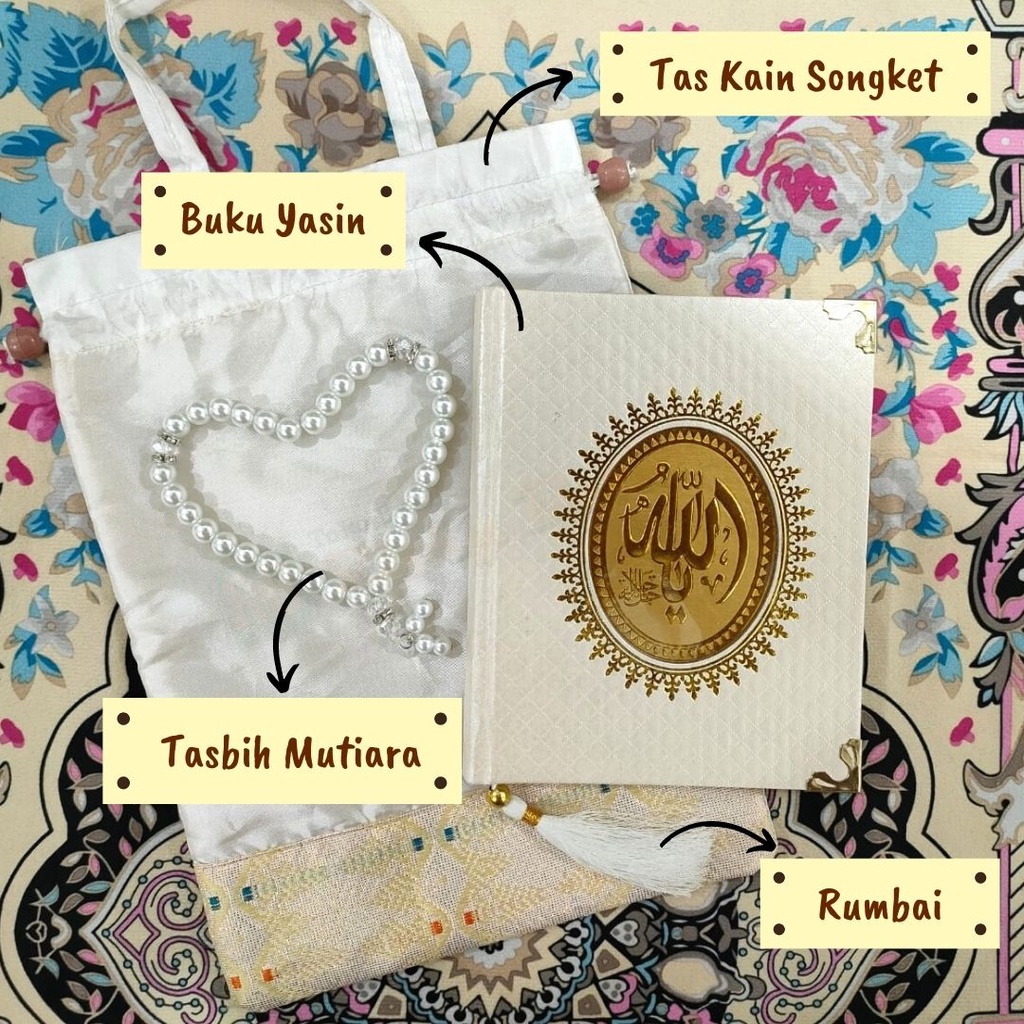 Paket Promo cetak buku yasin dan tahlil 224 Mattepaper +Tas  Kain Songket + Tasbih Mutiara