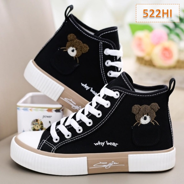 Sepatu Sneakers Wanita Kanvas Keren AS 168 Cewek Whybear High Sole 3 cm Hitam Putih (522)