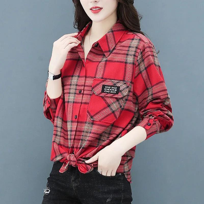 2021 spring and autumn new loose and thin plaid shirt for women with foreign style aging jacket for