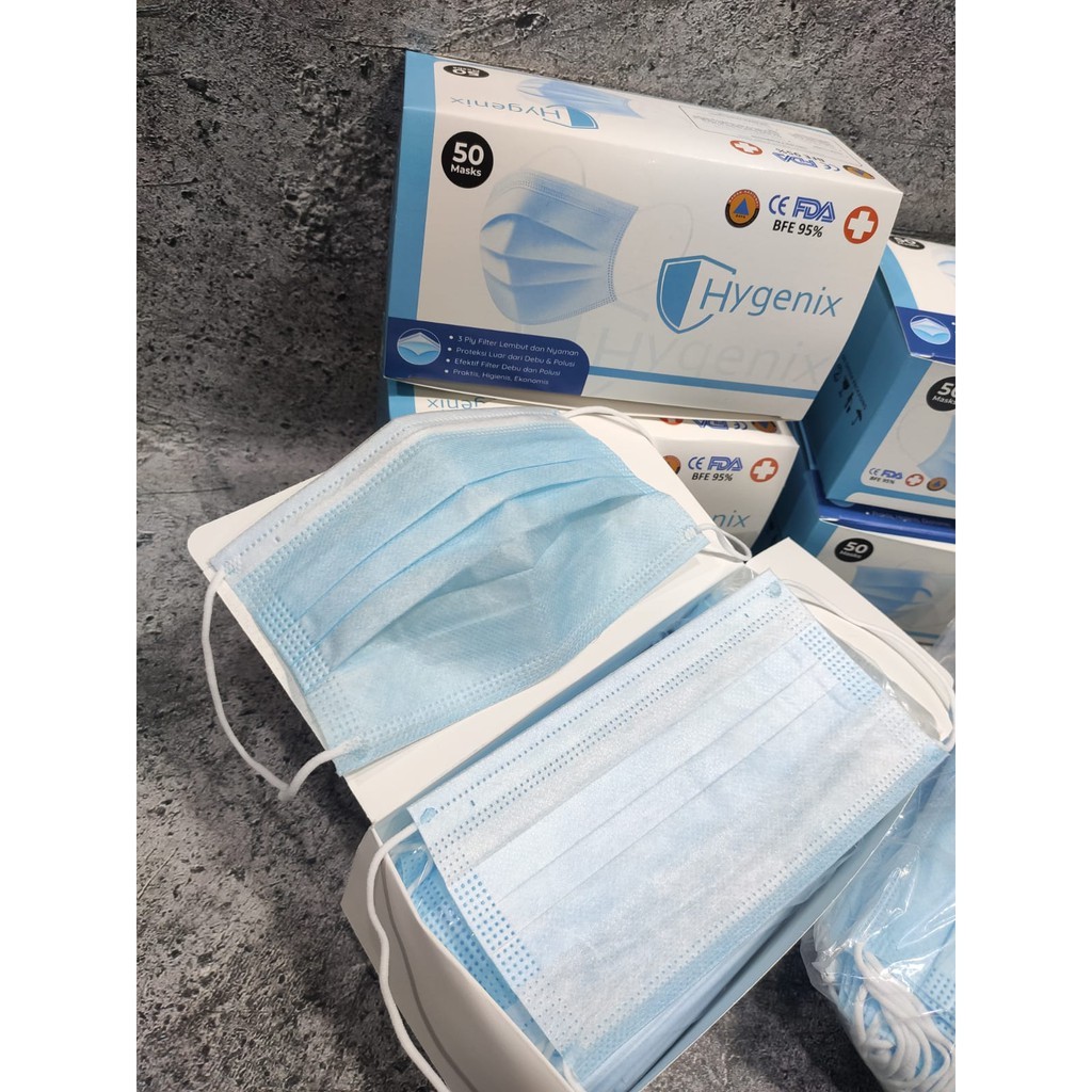 MASKER 3PLY EARLOOP HYGENIX DISPOSABLE PROTECTIVE MASK EARLOOP ISI 50 - BIRU