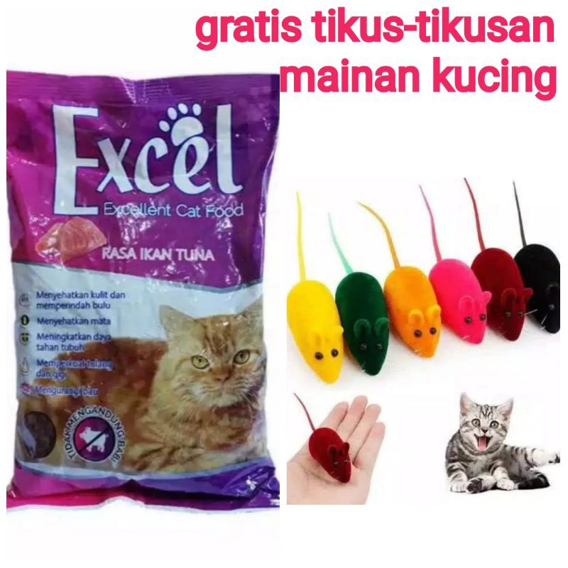 Excel Tuna Makanan Kucing Repack 500g Gratis Tikus-tikusan Mainan Kucing