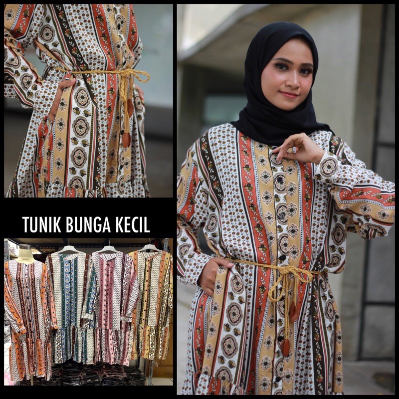 TUNIK BUNGA KECIL KATUN RAYON HOMEY TUNIC JUMBO XXL REMPEL KANCING MUSLIM BELT ADEM BATIK GROSIR