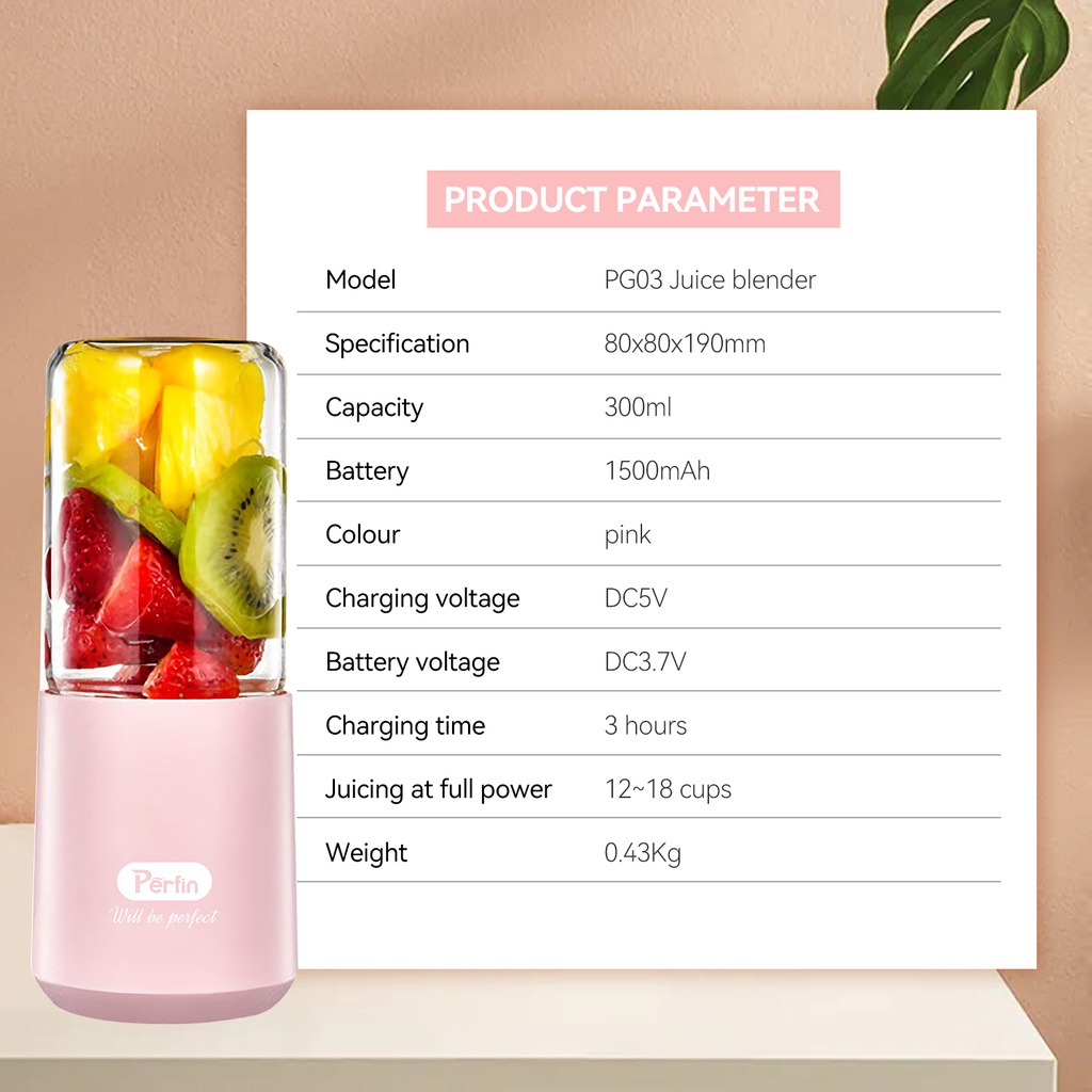 Perfin PG03 Blender Portable Mini Juicer Pink