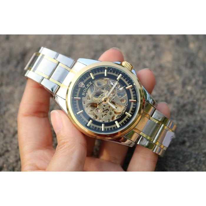 JAM TANGAN PRIA ROLEX AUTOMATIC SKELETON BESAR SILVER GOLD (BLACK GOLD