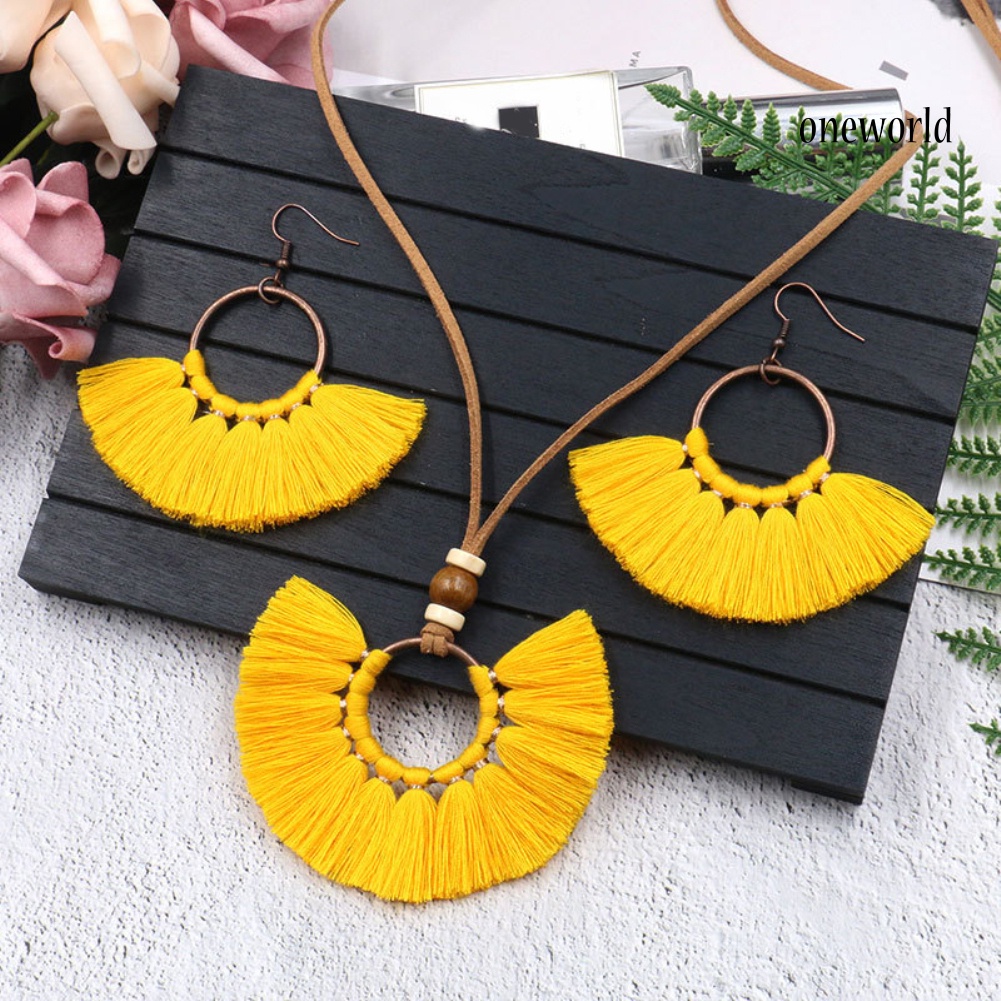 OW@ Bohemian Women Round Pendant Fringe Tassel Rope Necklace Earrings Jewelry Set