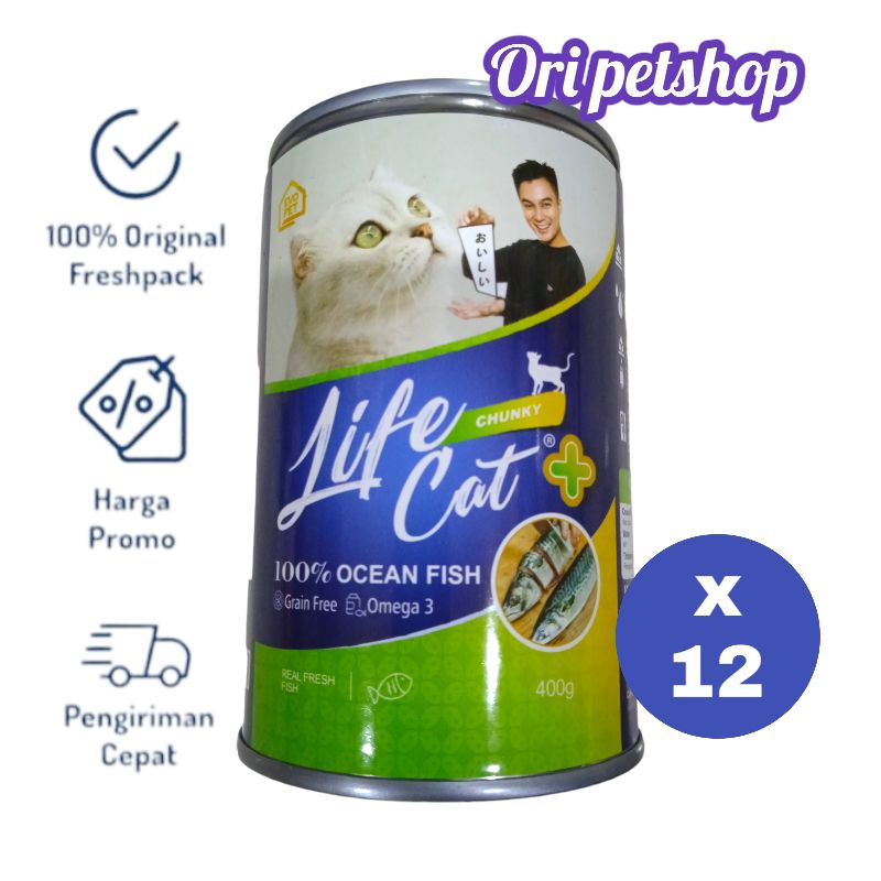 12 pcs - Life Cat Kaleng Plus 400gr Wet Cat Food - Ocean Fish Chungky