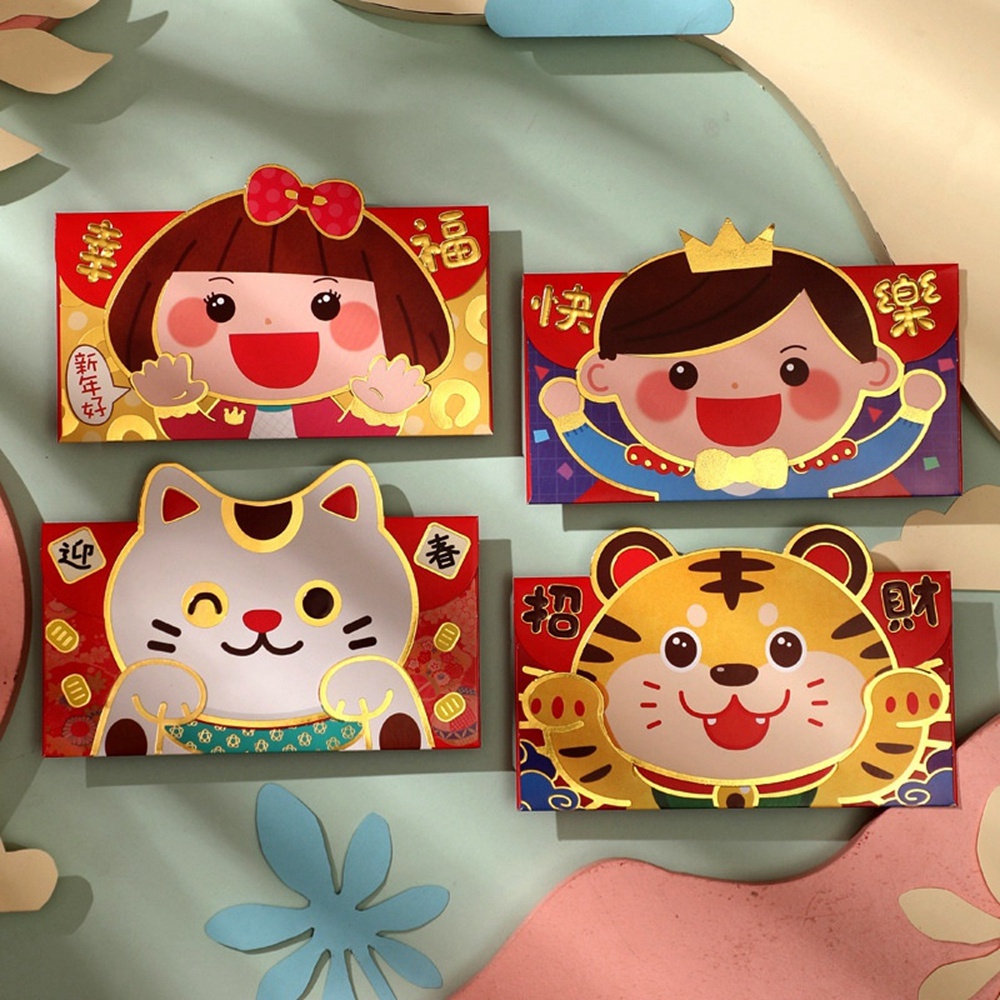 4 Pcs Amplop Angpao Tahun Baru Cina / Imlek Motif Kartun Harimau Warna Merah 2022