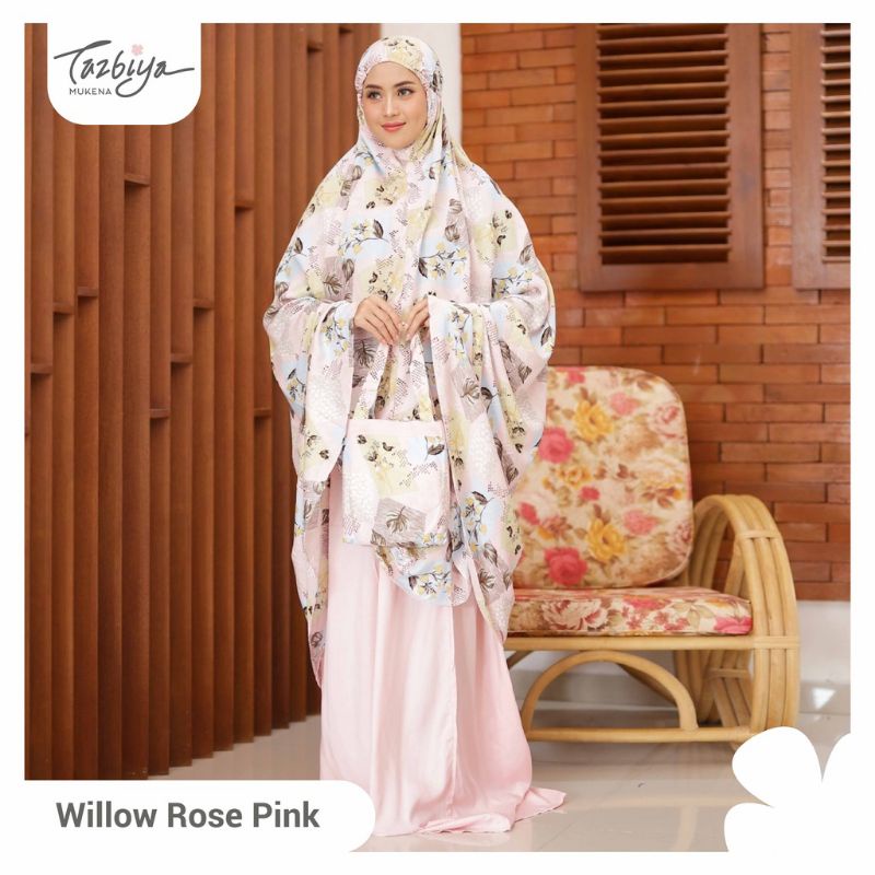 Mukena Tazbiya Willow Rose Pink Grey Jumbo Dewasa Katun Rayon Adem Motif Cantik Treveling