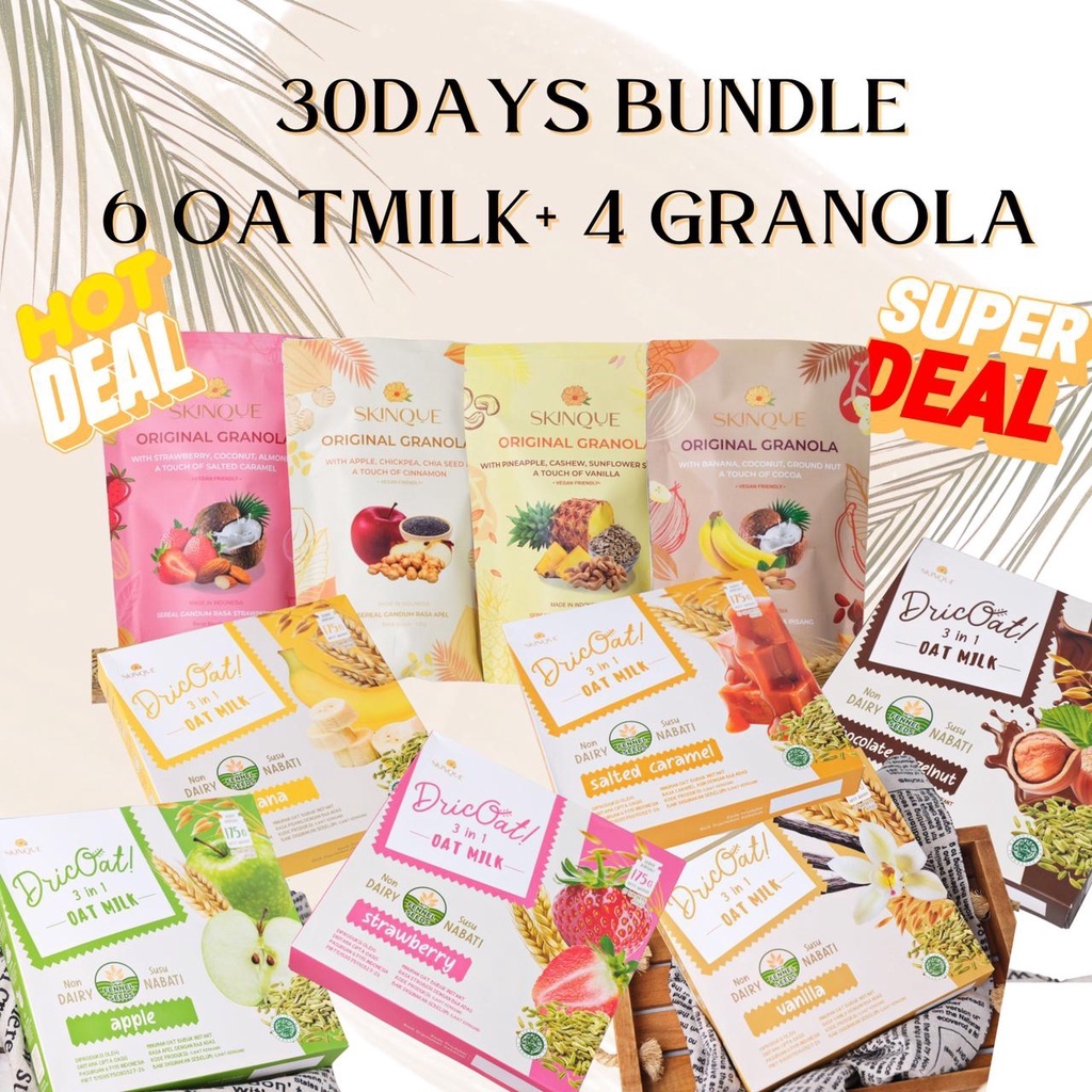 

SKINQUE.co - [BUNDLE 30 Hari] Dricoats 3 in 1 Oat Milk isi 5 x 6Box + 4 Granola by Skinque.co