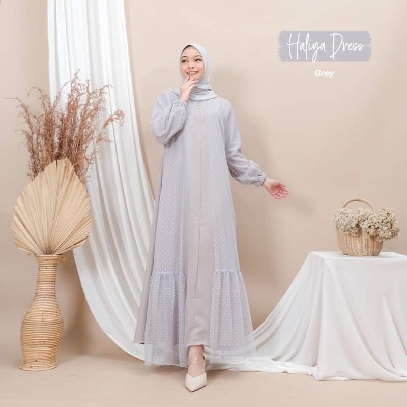 Haliya dres moscrepe mix tyle DOT jumbo M_XXXL gamis kondangan baju gamis terbaru 2022 gamis murah