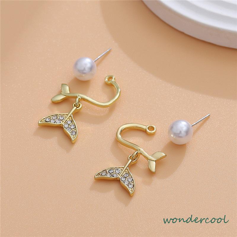 Pearl Fishtail Back Hanging Earrings Wanita High-end Cahaya Mewah Penuh Berlian Anting Geometris-Won