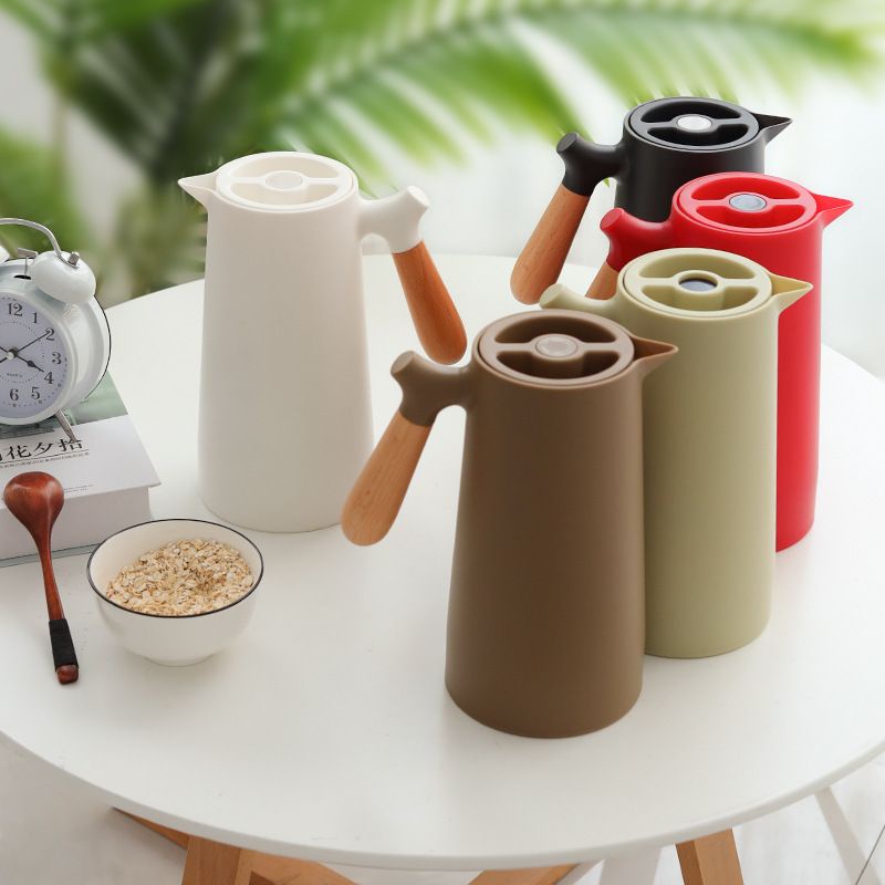 Teko Termos Air Panas Vacuum Flask dengan Handle Motif Kayu 1000ml