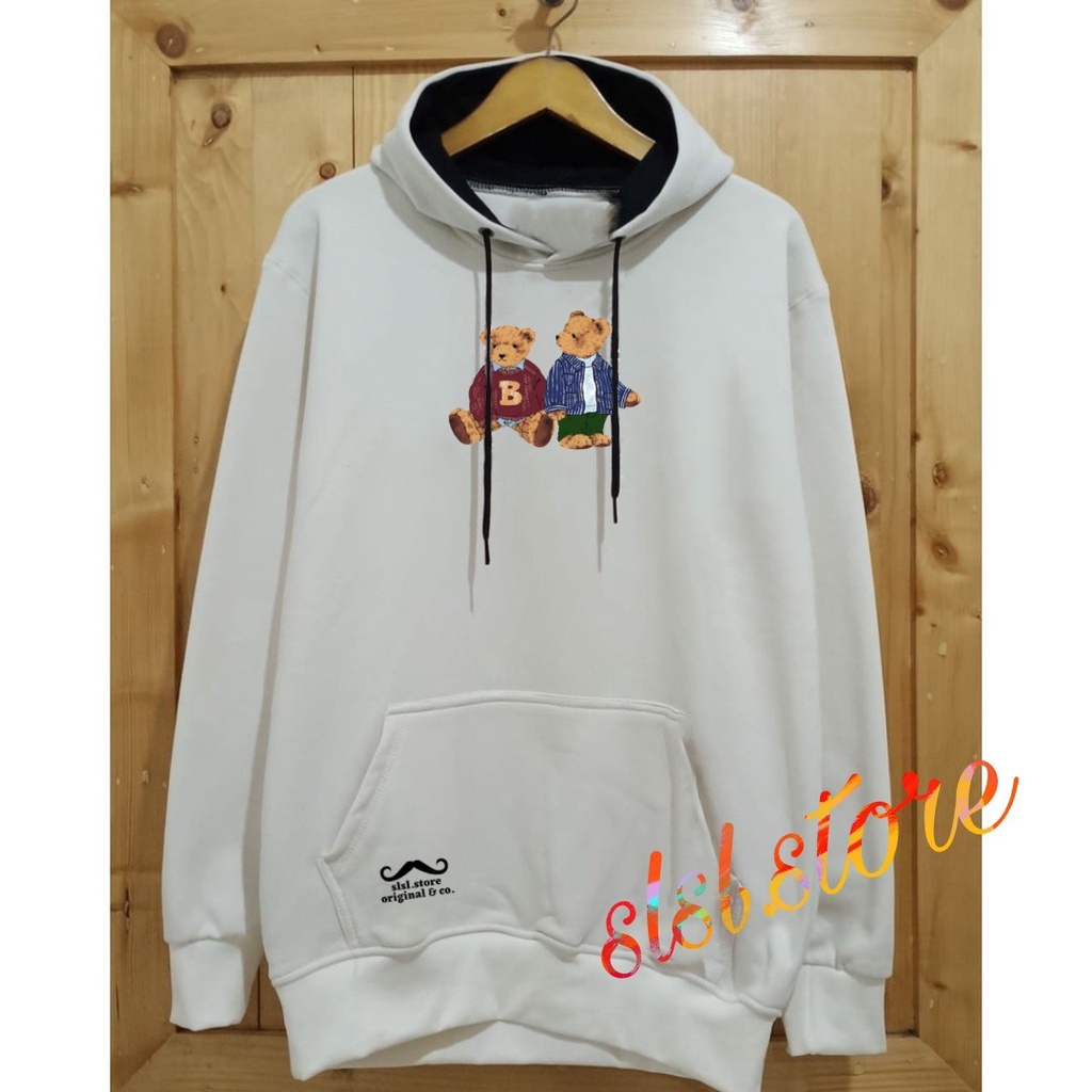 Sweter Hoodie Pria Wanita Casual Basic Distro Bahan Katun Flece Tebal Sweater Hodie Premium Warna Putih BONEKA BERUANG Switer Bear