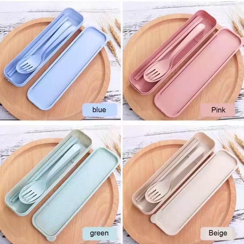 Alat Makan Sendok Sumpit Garpu Alat Makan Box Korea Travelling Set 3IN1 Bahan Plastik BS