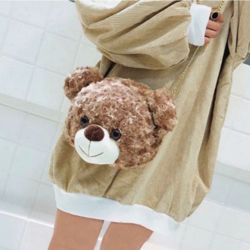 HDS_BAG / TEDDY BEAR Tas Boneka Kepala Beruang Tas Selempang Bulu Tas Selempang Wanita Rantai