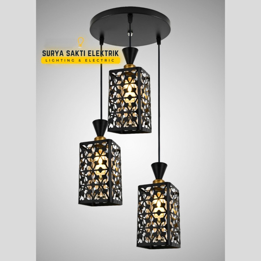 LAMPU GANTUNG MINIMALIS RETRO 3 IN 1 KOTAK MODERN HIAS RUANG TAMU