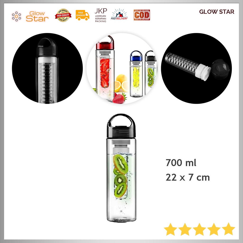 Botol Minum Plastik Tebal Infuser Perjalanan Bening Transparan Tebal Teh dengan Saringan Tritan BPA Free 700ml - Black