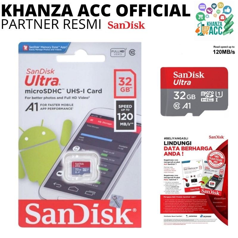 KHANZAACC SanDisk Ultra MicroSD 32GB A1 microSDHC UHS-I Memori Card Hp Micro SD Class 10