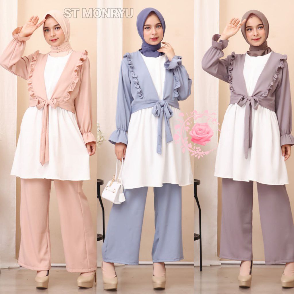 SETELAN MONRYU 2ukuran/ SET FASHION WANITA TERLARIS / MODEL CARDIGAN JUMPSUIT / BAHAN SHAKILA