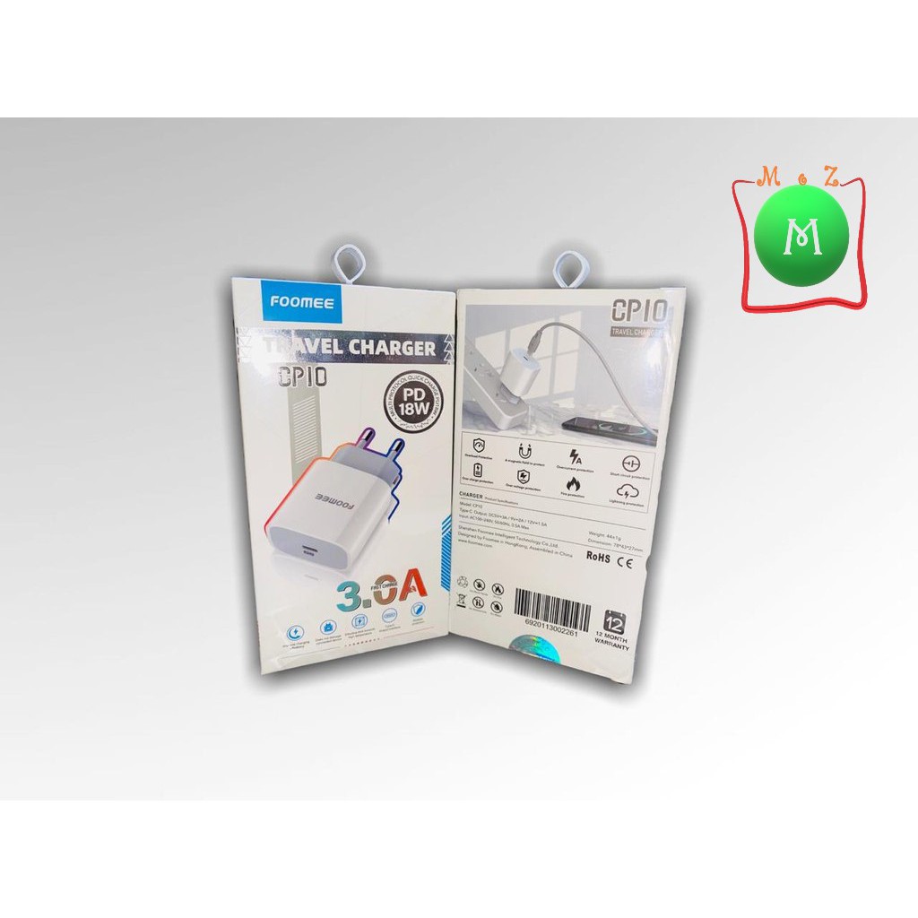 FOOMEE ADAPTOR FOOMEE CP10 TRAVEL CHARGER PD 18W QUICK CHARGE 3.0A TYPE-C ORIGINAL