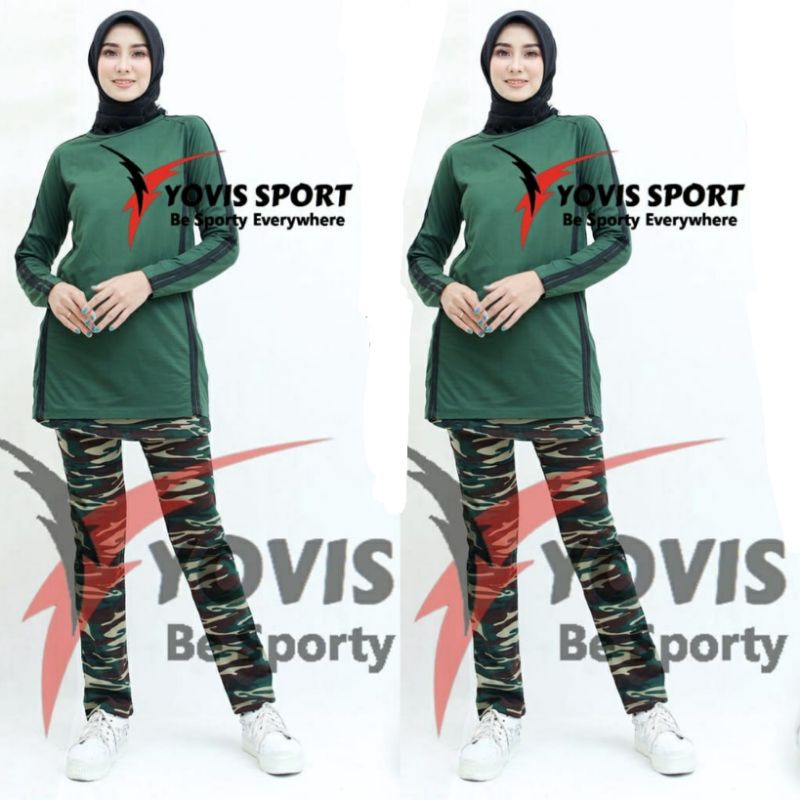 Setelan senam yovis baju senam panjang dan celana senam rok kantong loreng - ARMY LORENG K2 DAN K4