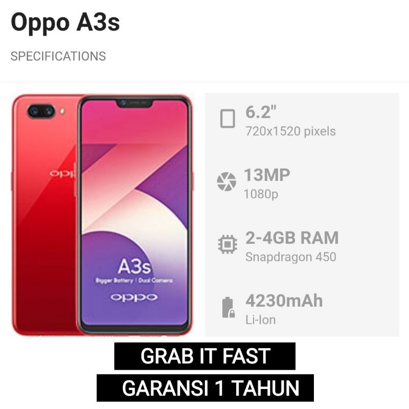 HP Oppo A3S Ram 4GB/6GB Internal 64GB/128GB (4G) LTE