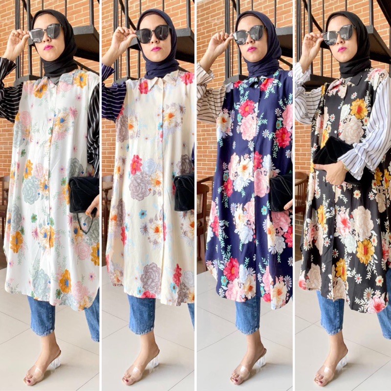 Atasan Wanita Tunik Rayon Jumbo LD 110 Lengan Balon Motif Bunga Zee Tunic