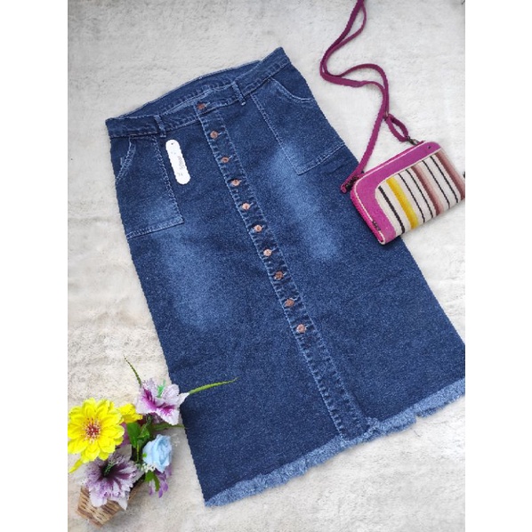 Rok Span Jeans Jumbo Size 33-40/Rok Span Panjang XL-XXXL/Rok Lepis Wanita Span Fariasi Kancing Rawis-3