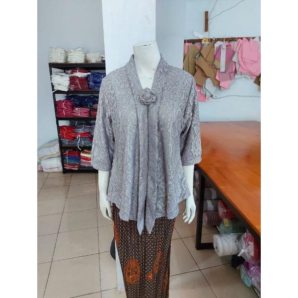 (BrL110) Kebaya floy BROKAT GLITTER & FOIL EMAS 7/8 lurus jumbo KeroncongBusana-Abu, FOIL