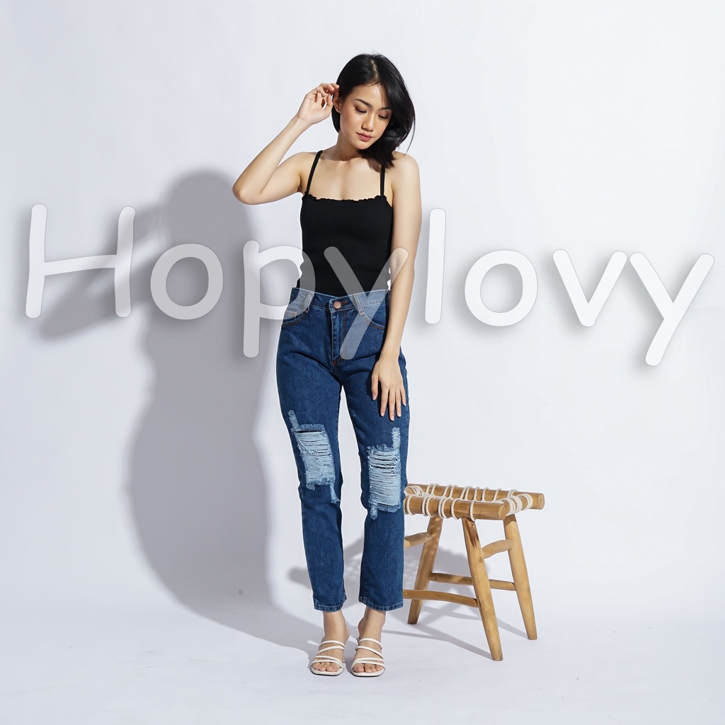 HOPYLOVY Celana Boyfriend Jeans Wanita Sobek Ripped Furing Gianna