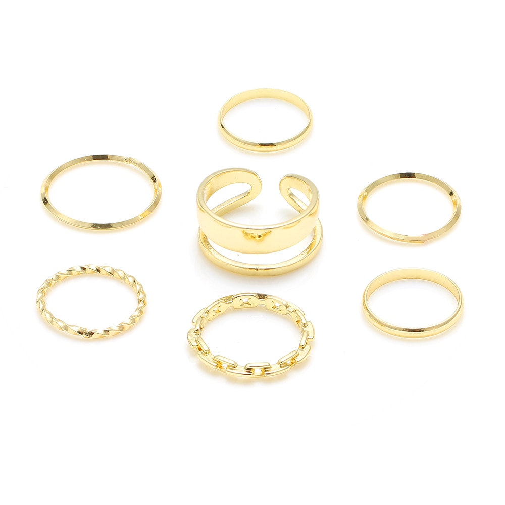 7pcs / Set Cincin Desain Geometri Twist Minimalis Bahan Metal Warna Emas Gaya Punk Untuk Wanita