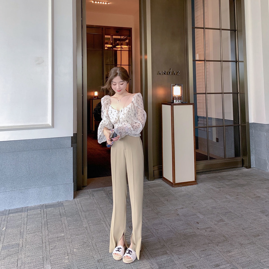 Shifon blus puff lengan tipis off-shoulder square collar floral chiffon shirt wanita kemeja pe