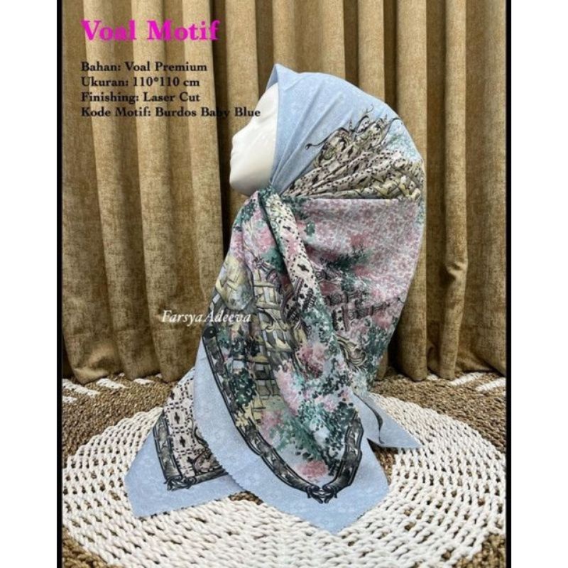 hijab denay segiempat motif bardos biru muda krudung voal denay