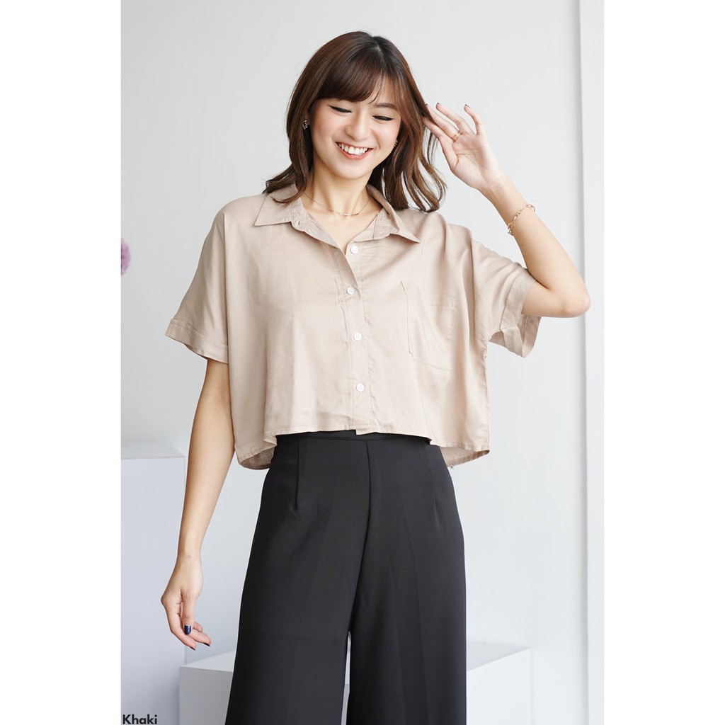 Kemeja wanita viscose crop shirt-Khaki